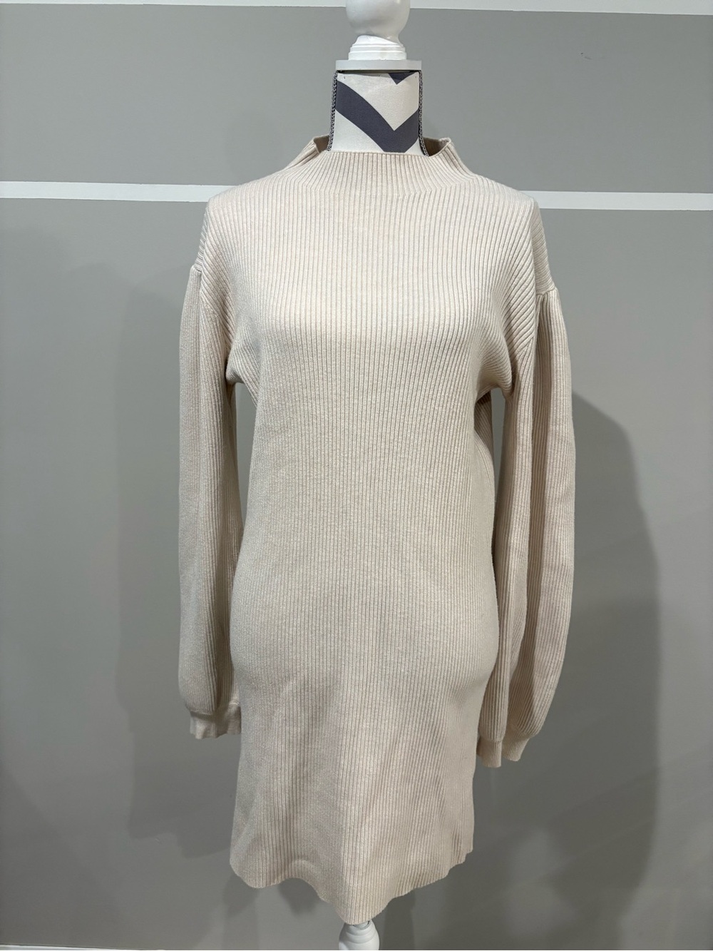 Chicwish Cream Ribbed Long Sleeve Knit Dress
